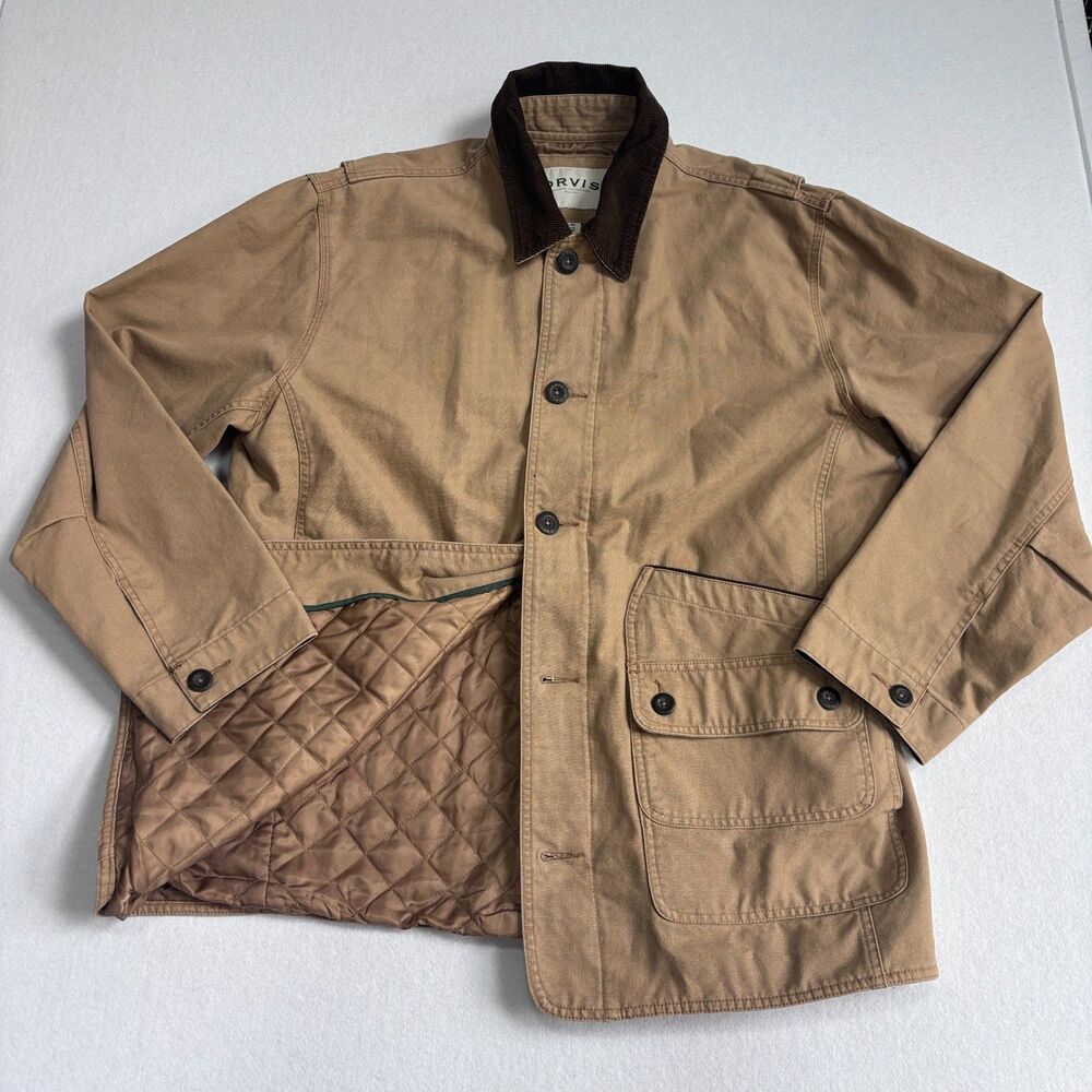 Orvis Chore Barn Jacket Mens XL Tan Canvas Corduroy Collar Quilt Lined Outdoor